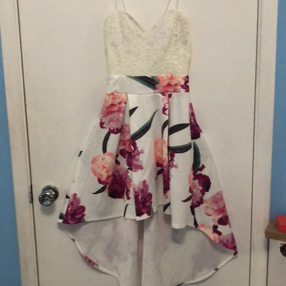 floral print high-low dress with lace top